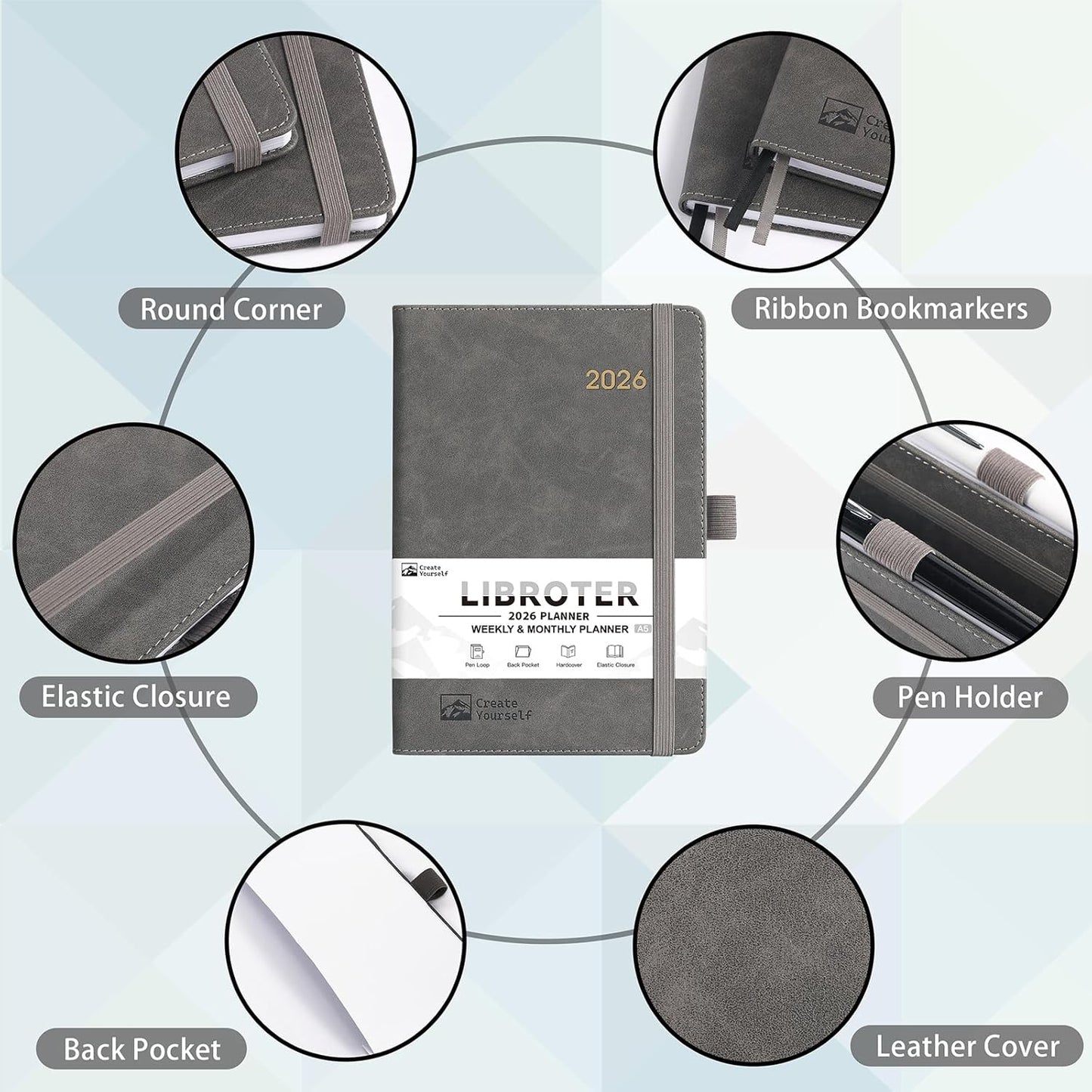 2026 Planner - Planner 2026, 2026 Weekly Monthly Planner, Jan.2026 - Dec.2026, 5.7'' x 8.4'', Thick Paper, Leather Cover, Pen Holder, Back Pocket, Bookmarks, Perfect Daily Organizer - Brown - Grey