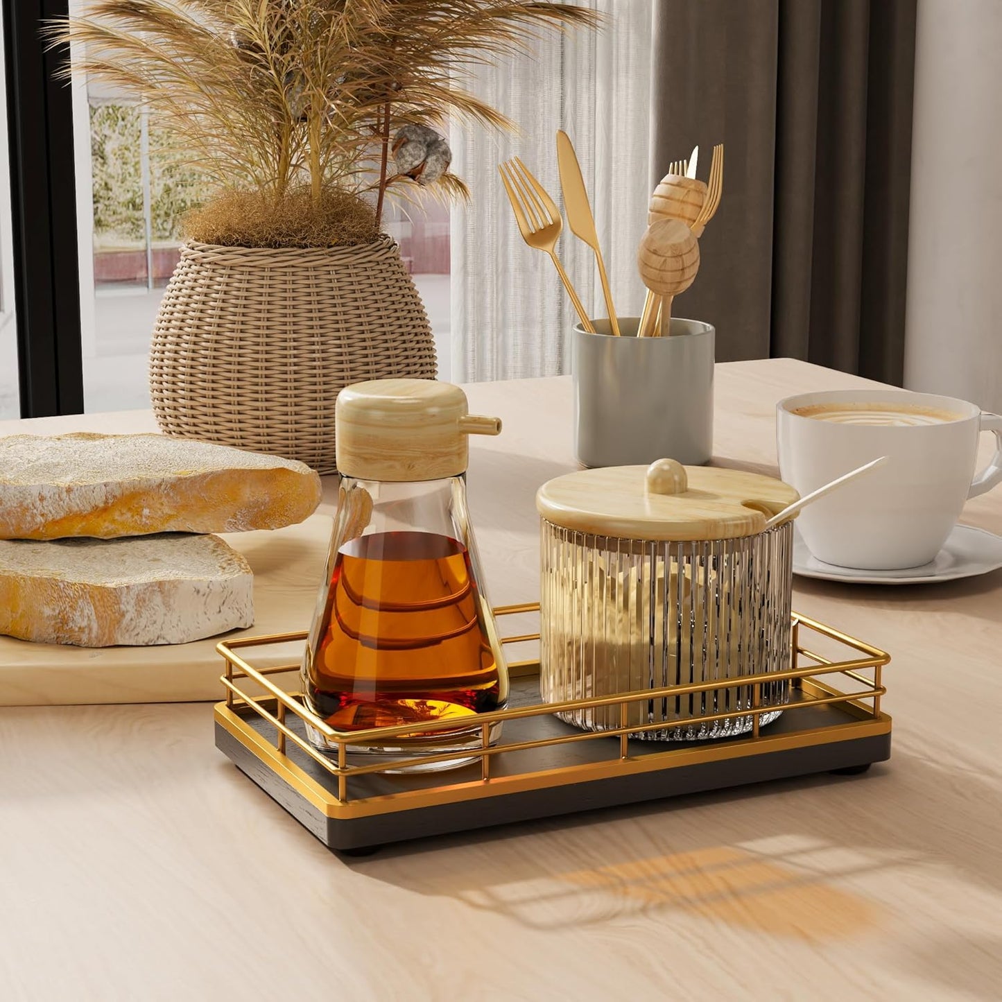 Wooden Decorative Tray, Oak 7.5" L Coffee Table for Kitchen Countertop Dresser Perfume Tray Jewelry Candle Nightstand Table Centerpieces for Dining Room Decor Black Gold