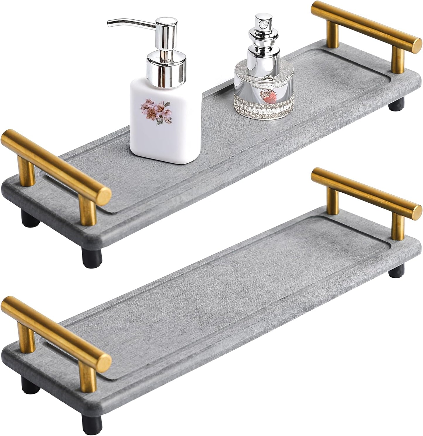 2PCS Water Absorbing Stone Drying Tray for Kitchen Counter, Quick Dry Kitchen Sink Organizer, Stone Drying Tray with Handle, Diatomaceous Sink Caddy (Dark Grey & Gold Handle, Small)