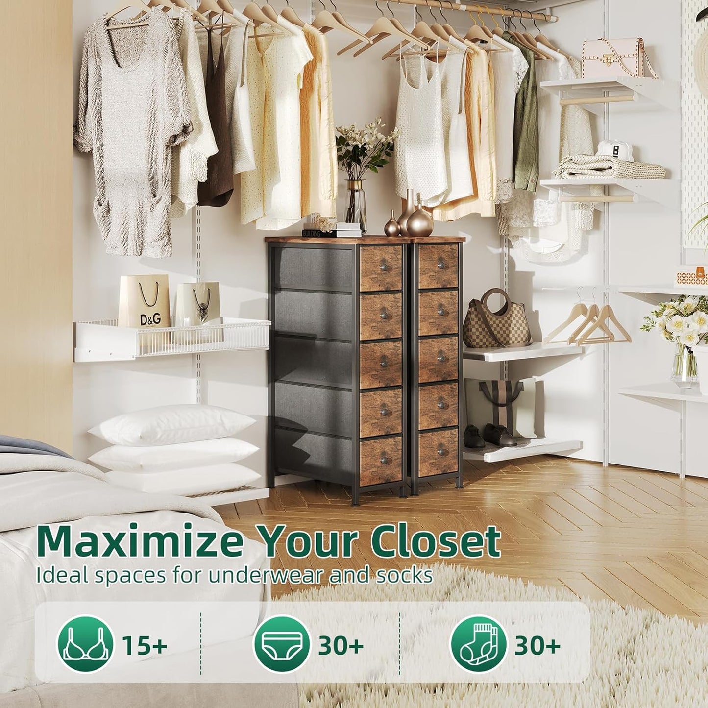 COTUBLR Narrow Dresser, 19" Wide Narrow Nightstand Dresser Storage Tower with 5 Drawers, Slim Fabric Dressers Chest of Drawers for Small Spaces, Wood Top & Fabric Bins for Bedroom Bathroom Closet