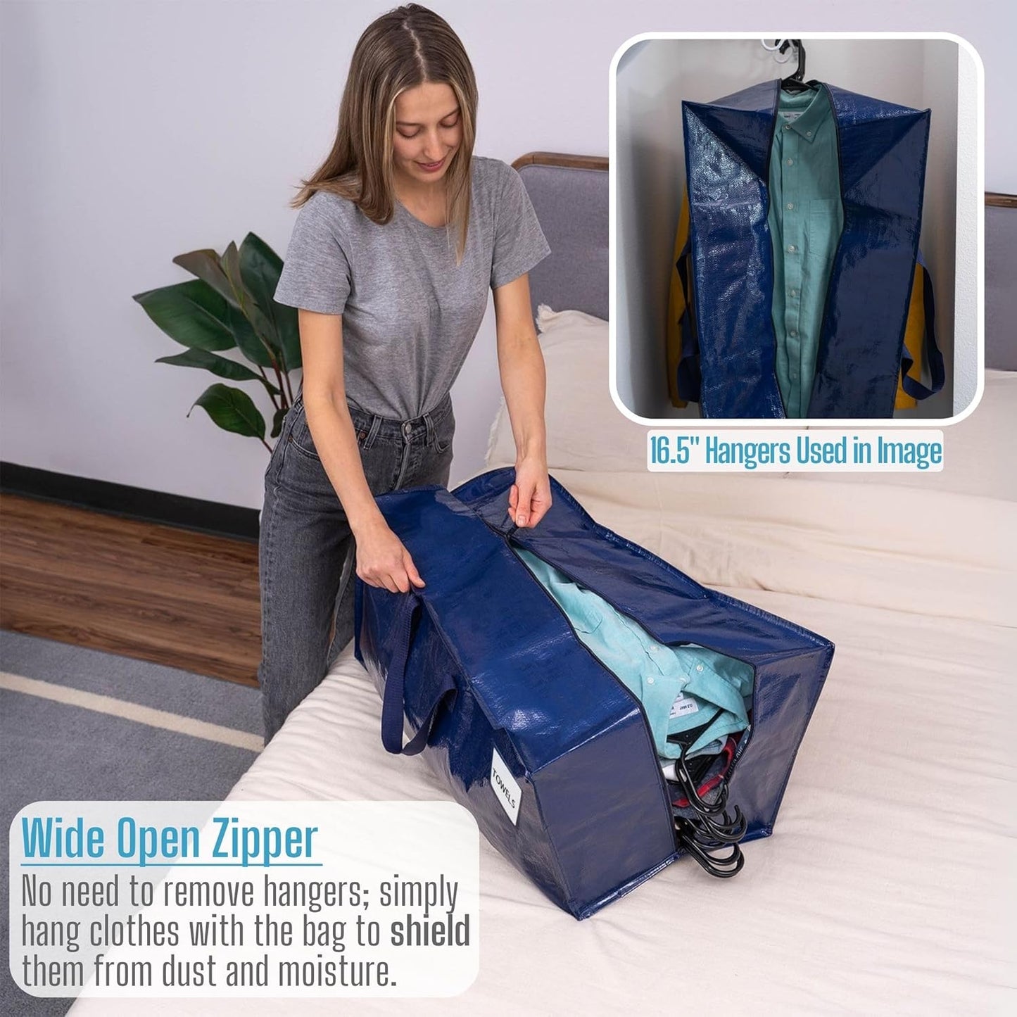 VENO 4 Pack Moving Bags w/Backpack Straps, Heavy Duty, Moving Boxes Alternative, Packing Supplies, Large Storage Totes for Dorm Room Essentials with Zipper for Clothes (Blue, 4 Pack)