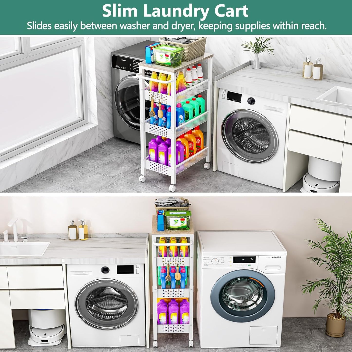 Utility Slim Storage Cart with Wheels, 4 Tier Small Rolling Cart with Wood Top, Metal Kitchen Bathroom Laundry Room Organization Trolley with Handle for Narrow Space - White