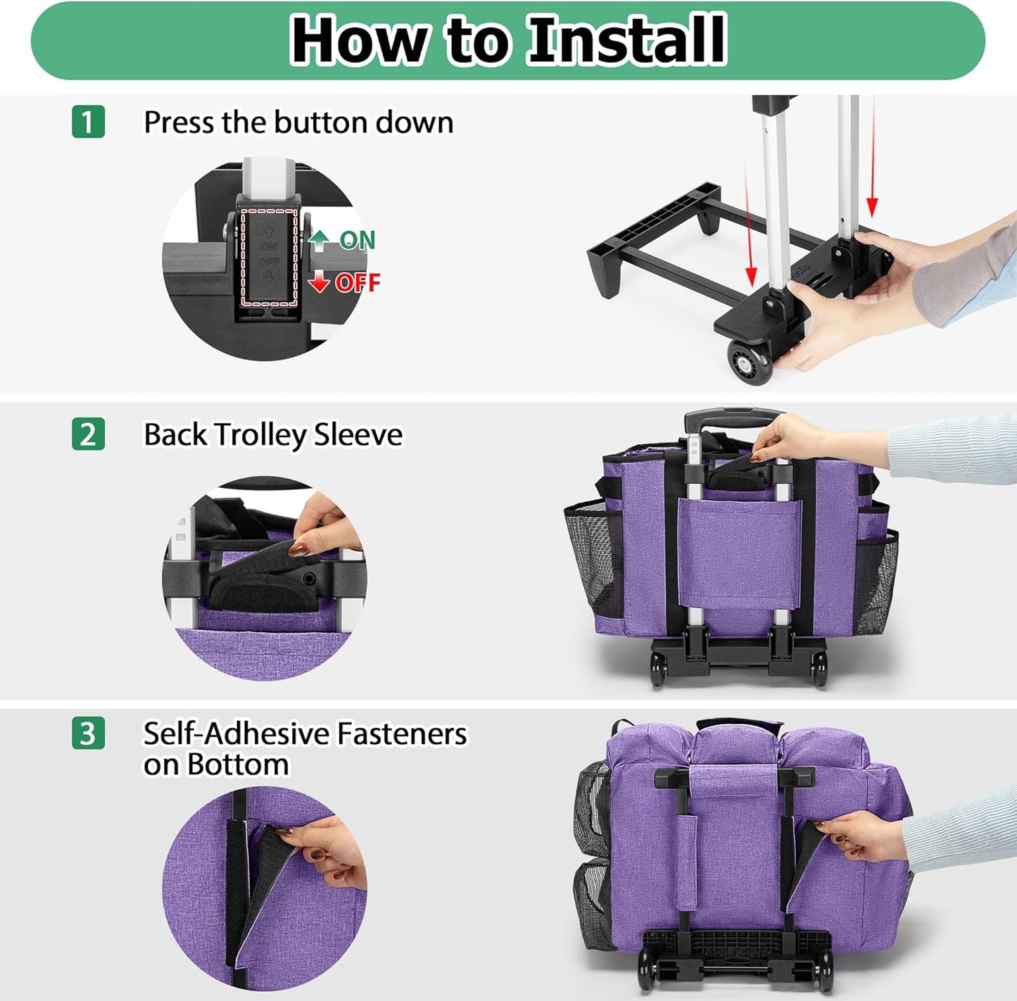 LoDrid Rolling Cleaning Bag with Detachable Trolley, Professional Cleaning Caddy with Shoulder Strap for Housekeepers, Portable Cart on Wheels for Supplies, Purple (Patent Design)