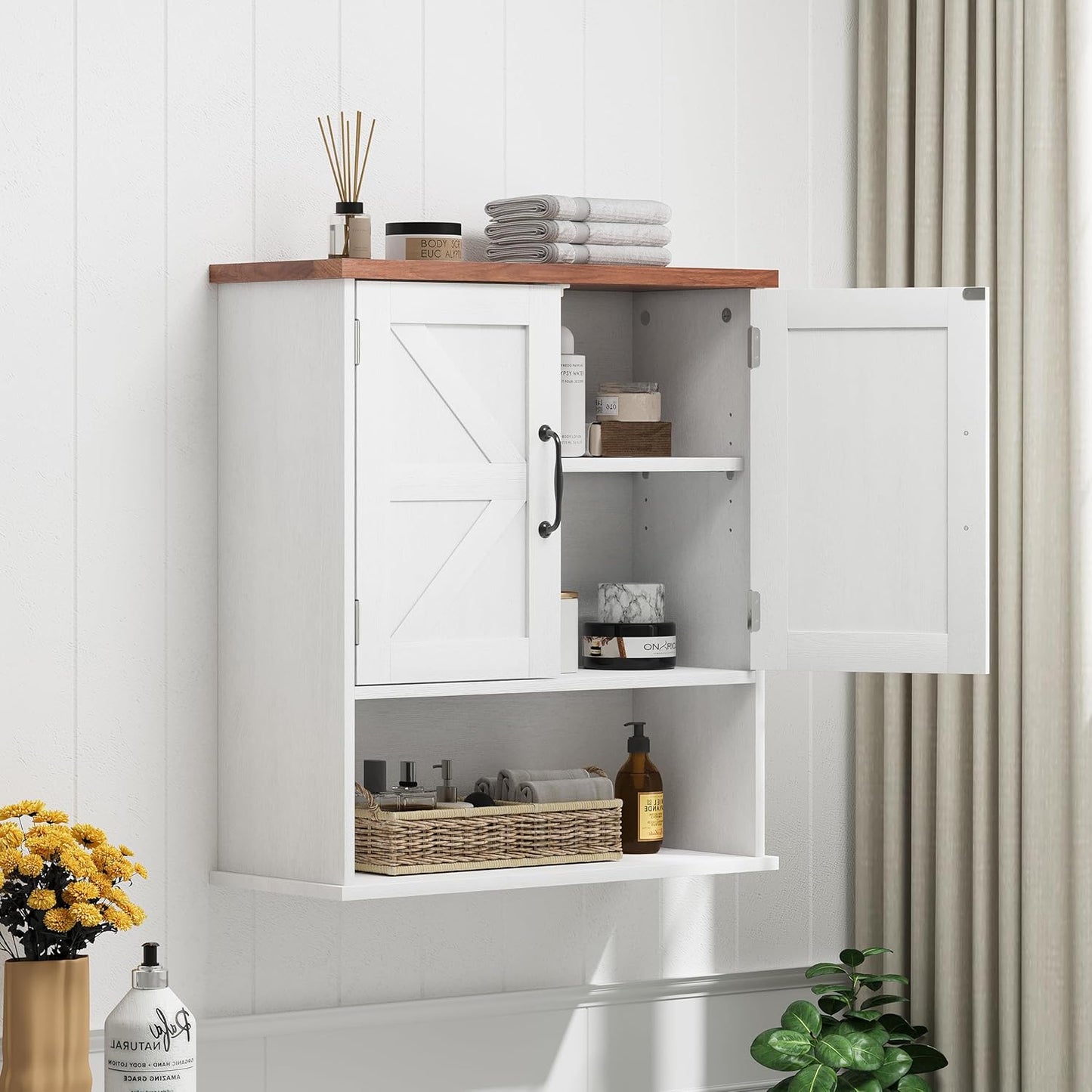 Smuxee Farmhouse Wall Mounted Cabinet, White Small Medicine Cabinet with Adjustable Shelf, for Bathroom, Living Room, Laundry Room