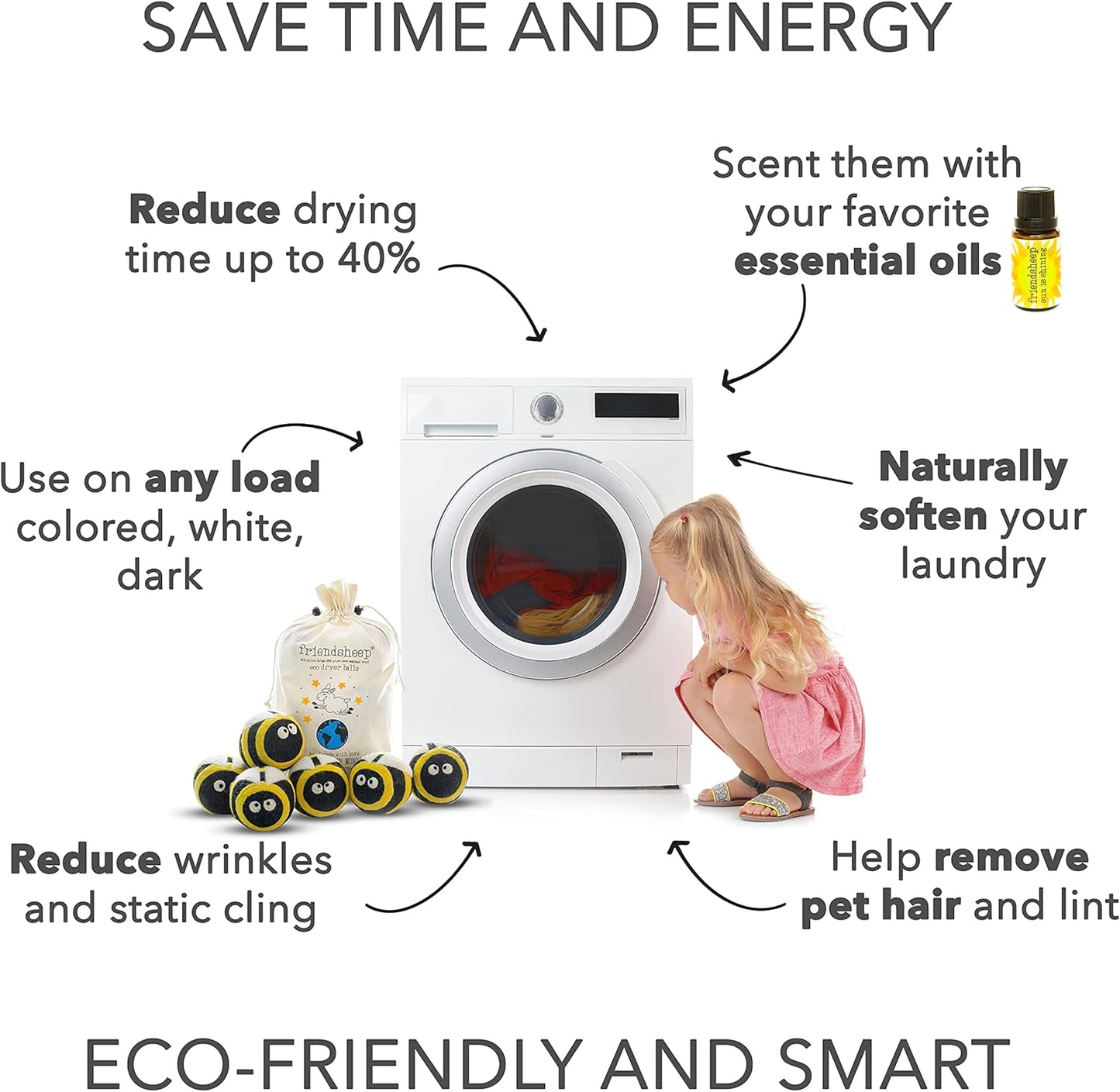 Friendsheep Wool Dryer Balls, Organic Reusable Fabric Softener Alternative for Laundry, Handmade, Fair Trade, Hypoallergenic, Eco-Friendly, Plastic-Free (6 Pack XL – Busy Bees)