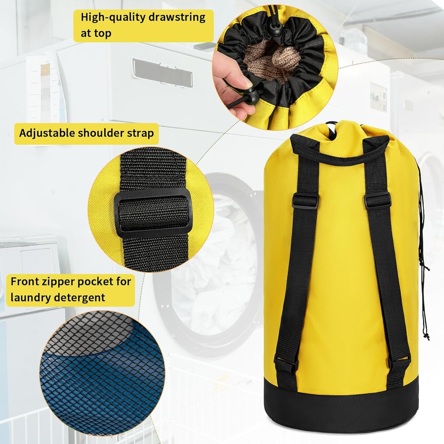 Laundry Bag Backpack with Shoulder Straps and Mesh Pocket Foldable Clothes Hamper Bag with Drawstring Closure for College, Apartment, Laundromat (Yellow)