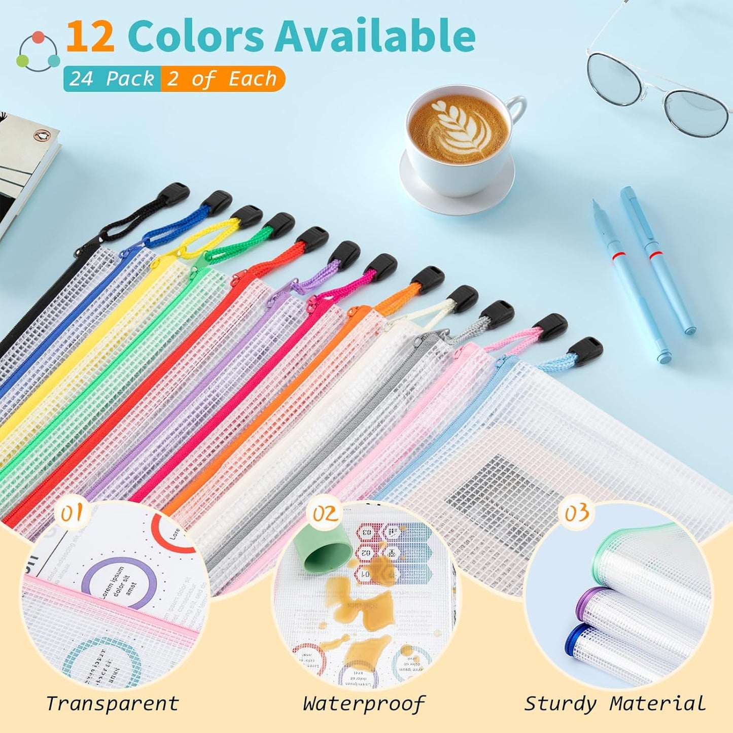 Umriox 24 Pack 12 Colors Zipper Pouches for Organizing, Letter Size, A4 Size, Zipper Bags for Puzzles & Board Game Storage, Office Supplies Travel Toiletries