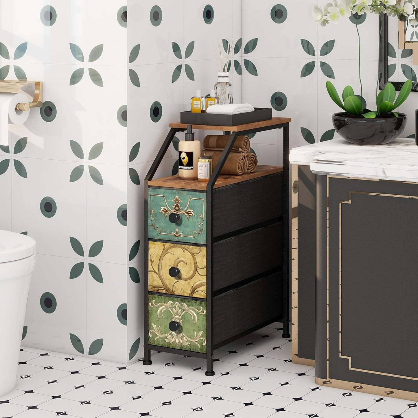 Tohomeor Narrow Dresser Tall Skinny Storage Tower Vertical Slim Chest of Drawers with Charging Station Small Nightstand Side Table for Bedroom, Bathroom, Small Spaces (Retro Flower, 3 Drawers)