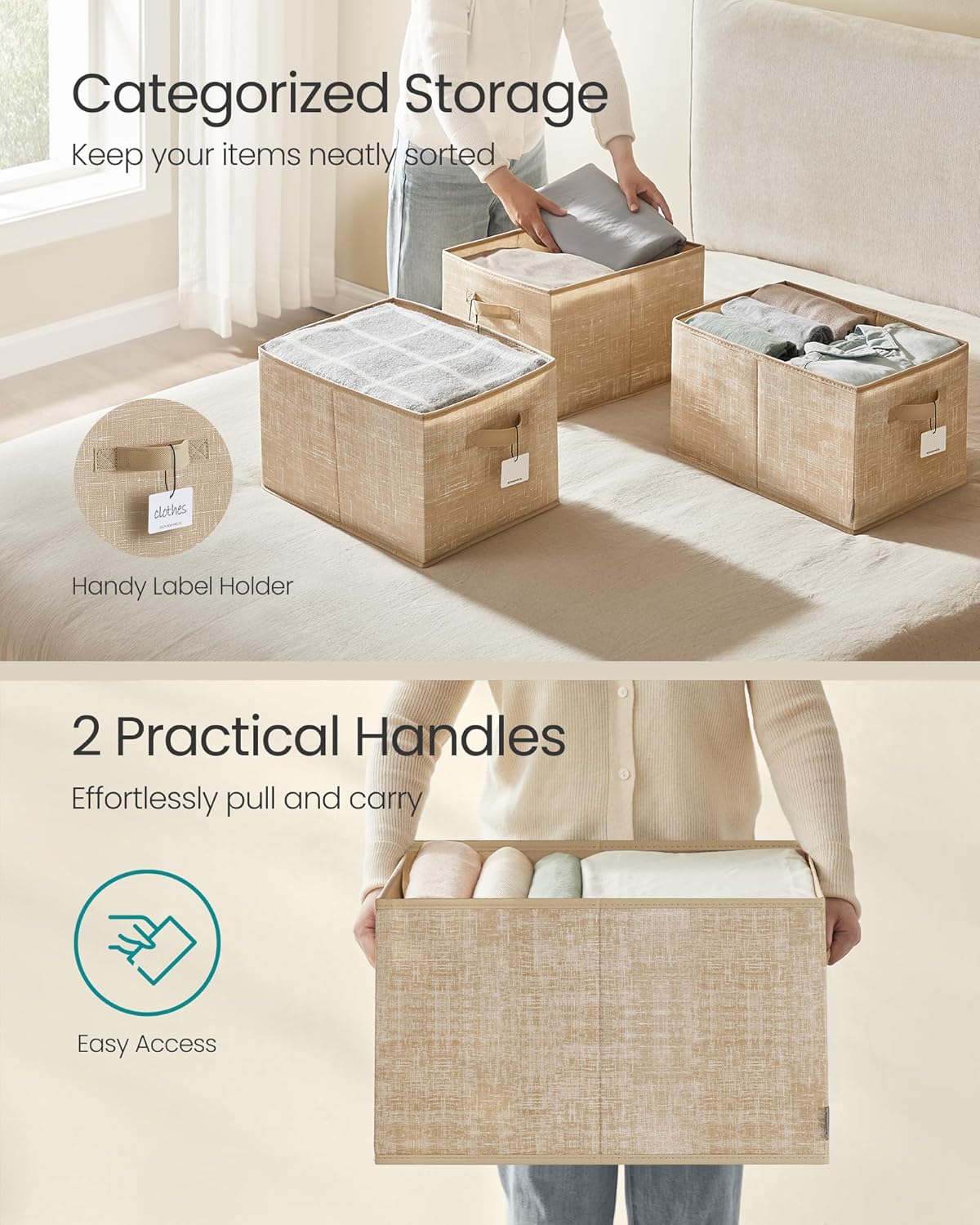 SONGMICS Storage Cubes, 19.7 x 11.8 x 11.8 Inches Non-Woven Fabric Bins with Double Handles, Set of 3, Closet Organizers for Shelves, Foldable, for Clothes, Sand Beige UROB450K01