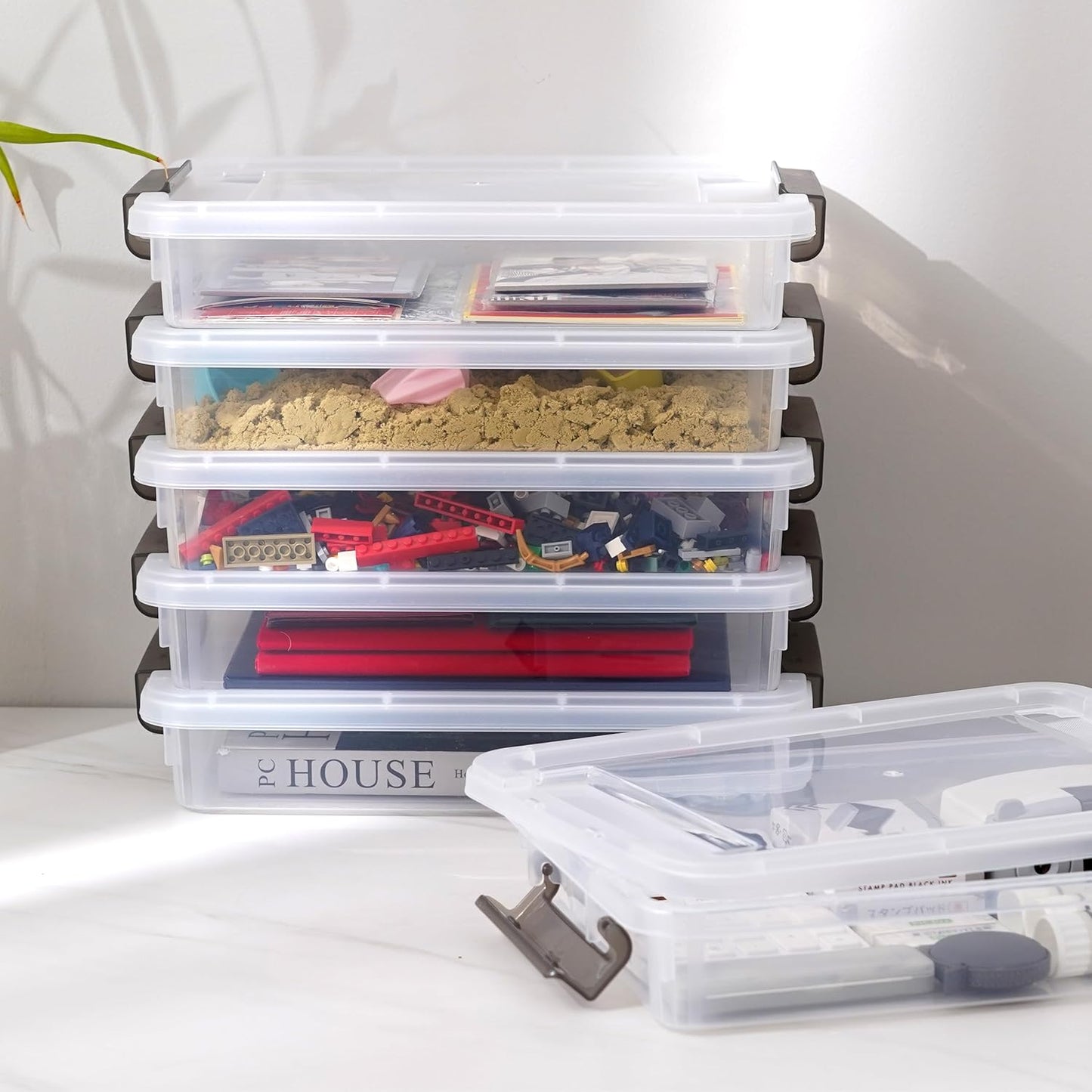 Citylife 6 PCS Clear Plastic Container Clip Box with Latching Lids, Stackable Document Paper Protectors Organizer Container for Office, Home, and School Supplies