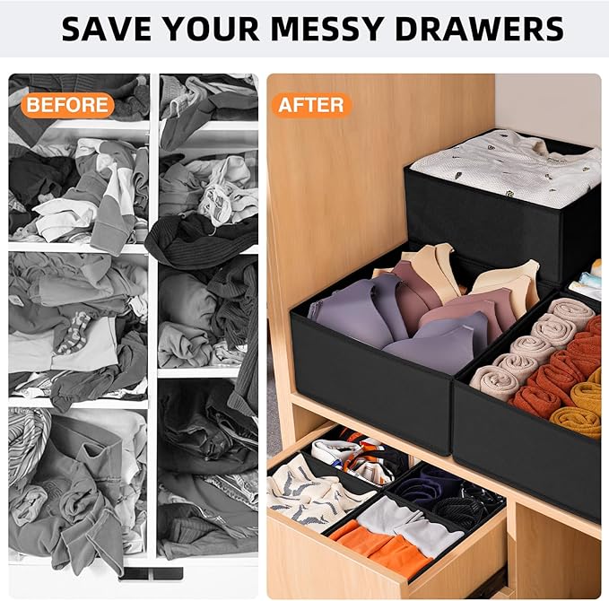 Criusia Closet Drawer Organizer Clothes, 15 Pack Dresser Organizer for Baby Clothes, Fabric Drawer Dividers for Nursery Bedroom (Black)