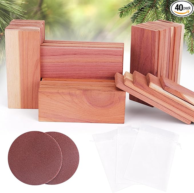 Woodever 40 Pack Cedar Planks for Clothes Storage, 100% Natural Aromatic Cedar Wood Pieces for Closets and Drawers, with Sandpaper and Sachets