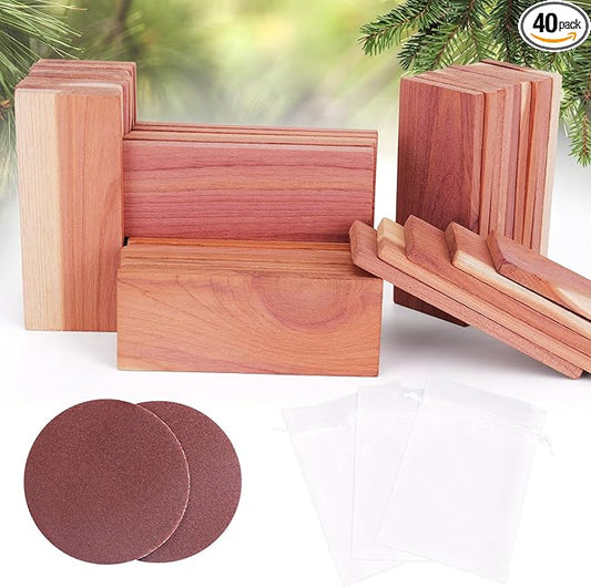 Woodever 40 Pack Cedar Planks for Clothes Storage, 100% Natural Aromatic Cedar Wood Pieces for Closets and Drawers, with Sandpaper and Sachets