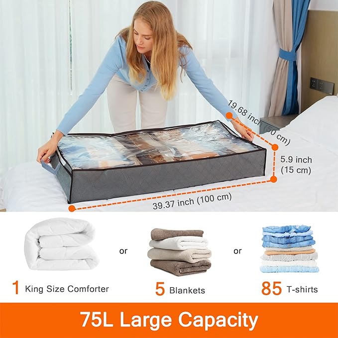 Vieshful 5 Pack Underbed Storage Bags 75L Foldable Clothes Bag Large Capacity Storage Containers with Clear Window Reinforced Handles Zippered Organizer Non-Woven for Comforter Blanket Bedding
