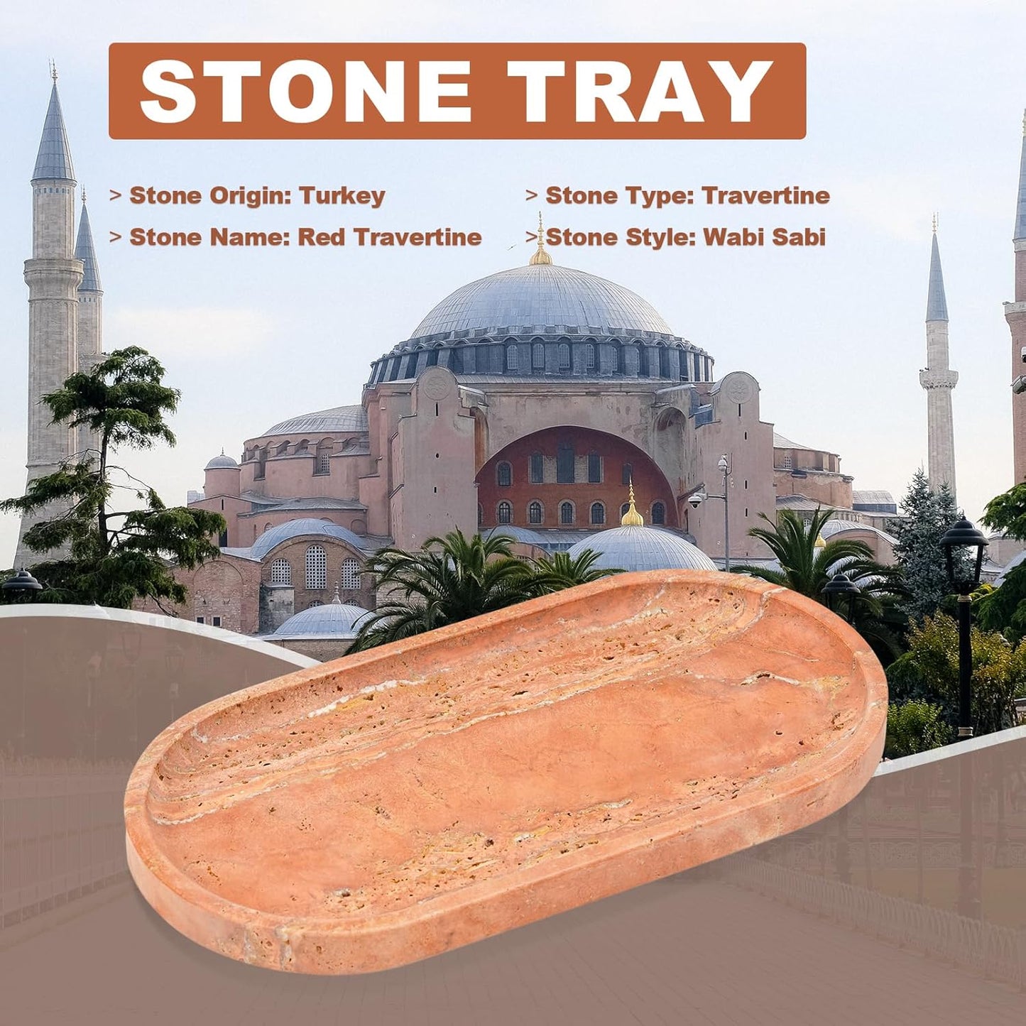 Koville Turkish Natural Travertine Tray, 12"x6" Vanity Decorative Marble Wabi Sabi Decor for Home, Countertop Organizer, Catchall for Perfume, Candles, Jewelry Dish