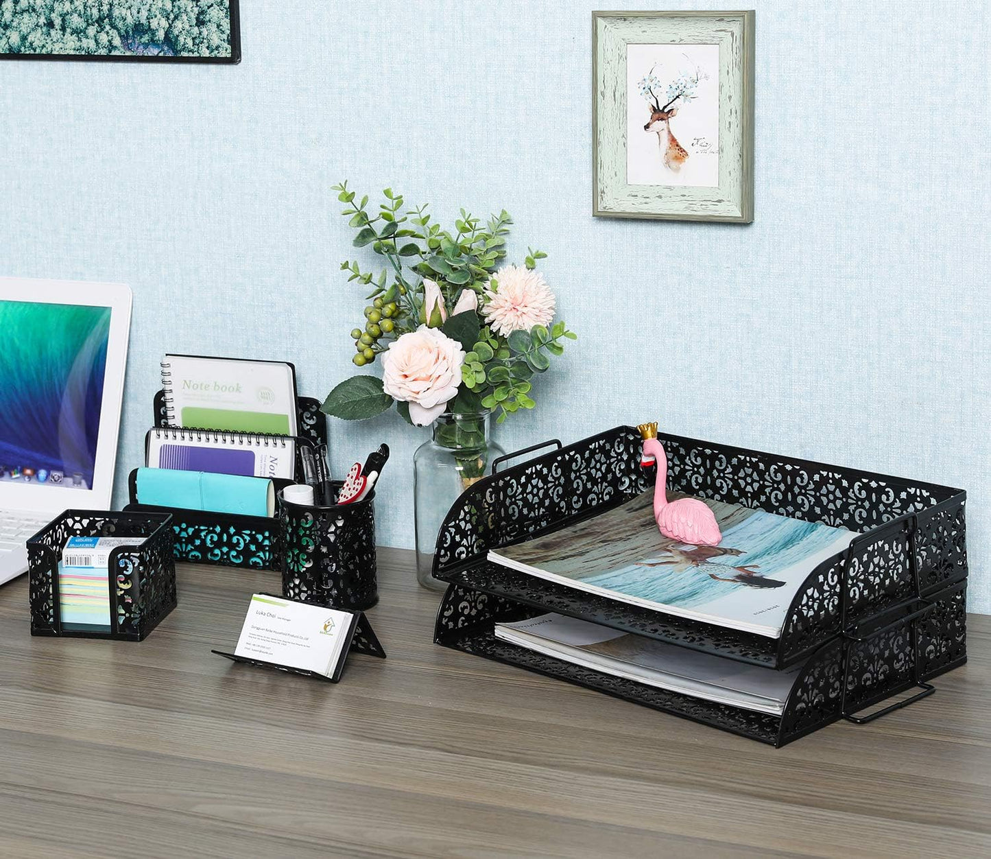 EasyPAG Desk Organizers and Accessories 5 Pieces Office Supplies Set - 2 Tier Paper Tray, Pencil Organizer for Desk, Mail Sorter Countertop, Business Card Holder and Sticky Note Holder, Black