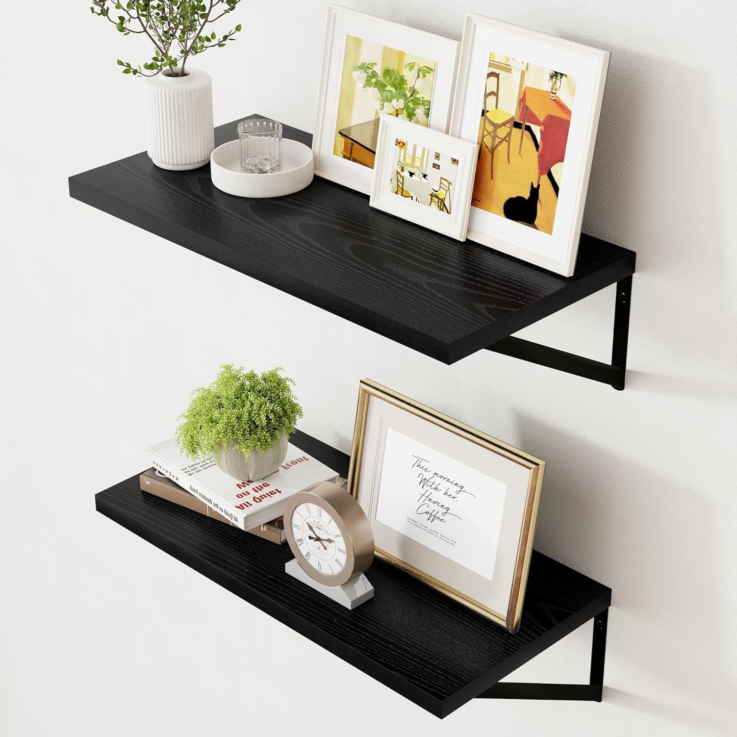 Axeman Floating Shelves for Wall Black- 24 Inch Wide x 12 Inch Deep Wall Shelves Set of 2 - Black Deep Wood Floating Shelves for Living Room Bedroom Laundry Room