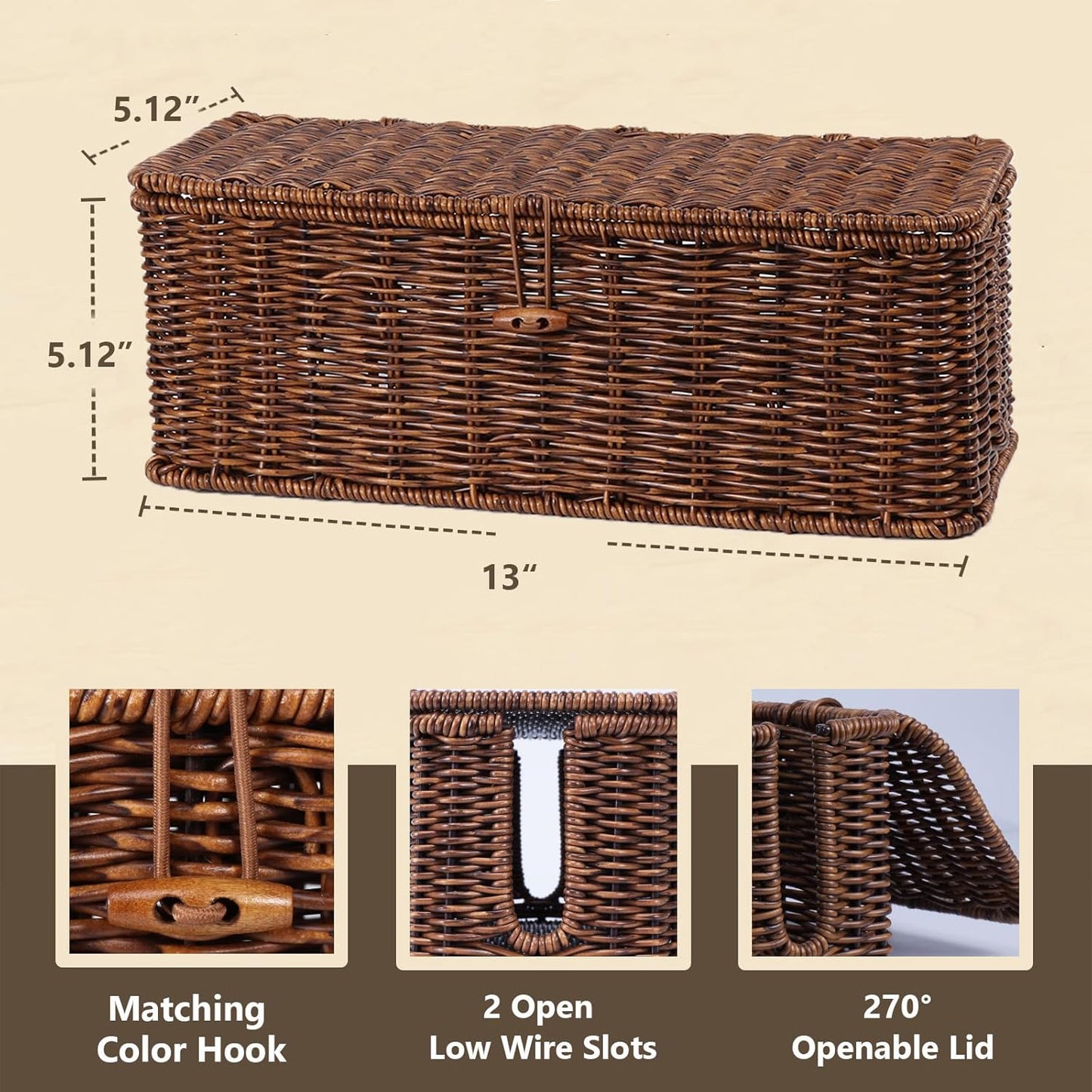 BROWNLILY Cable Management Box, Rattan Style Cord Organizer for Desk Cord Hider Outlet Covers Baby Proofing for Power Strip TV PC Router Charger Under Desk Storage with Lockable Lid and Cable Ties