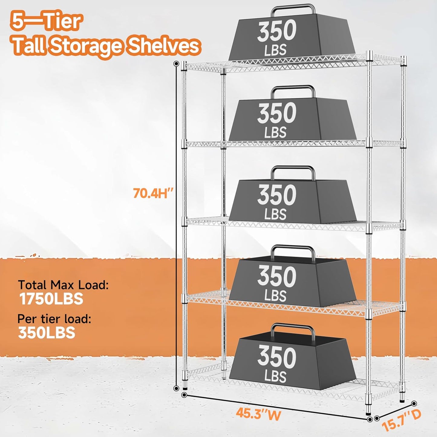 MZG 1750 lbs 5 Tier Storage Rack Metal Wire Shelving Unit, Storage Standing Household Shelf Organizer for Kitchen Pantry Closet Garage Basement Utility Room, Chrome 15.7" D x 45.3" W x 70.4" H