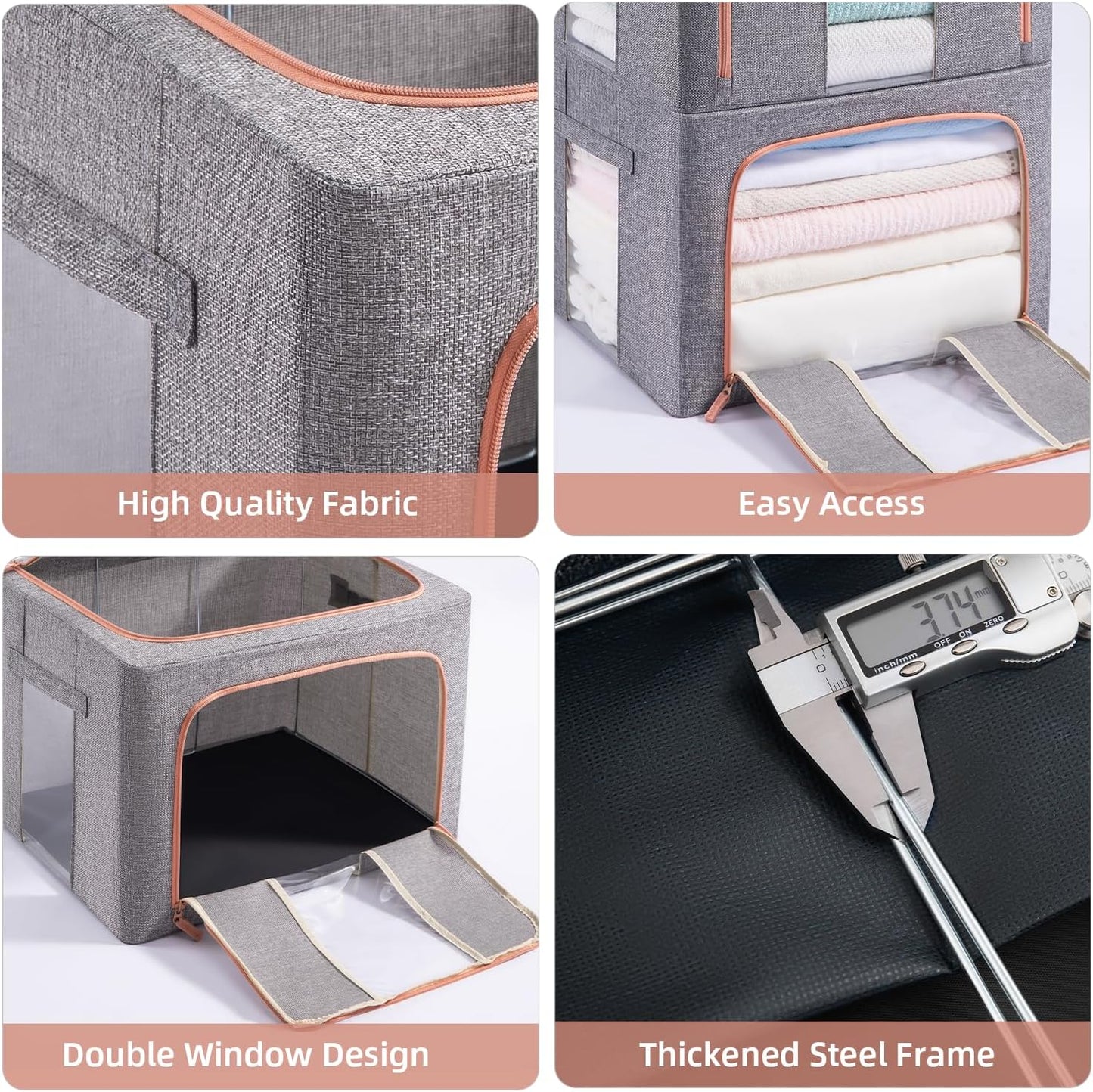 3 Pack 100L Stackable Clothes Storage Bins with Metal Frame Handles & Zipper, Collapsible Closet Organizer Box with Lid for Bedding Blankets Towel (Grey)