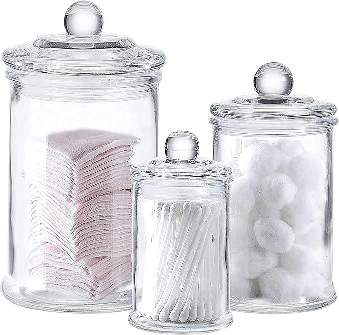 Whole Housewares - Set of 3 Bathroom Canisters - Storage Container Jars - Premium Glass Apothecary Jars with Lids - Small Glass Jar for Kitchen or Bathroom Storage - Decorative Crystal Containers