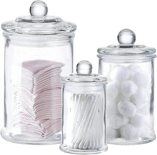 Whole Housewares - Set of 3 Bathroom Canisters - Storage Container Jars - Premium Glass Apothecary Jars with Lids - Small Glass Jar for Kitchen or Bathroom Storage - Decorative Crystal Containers