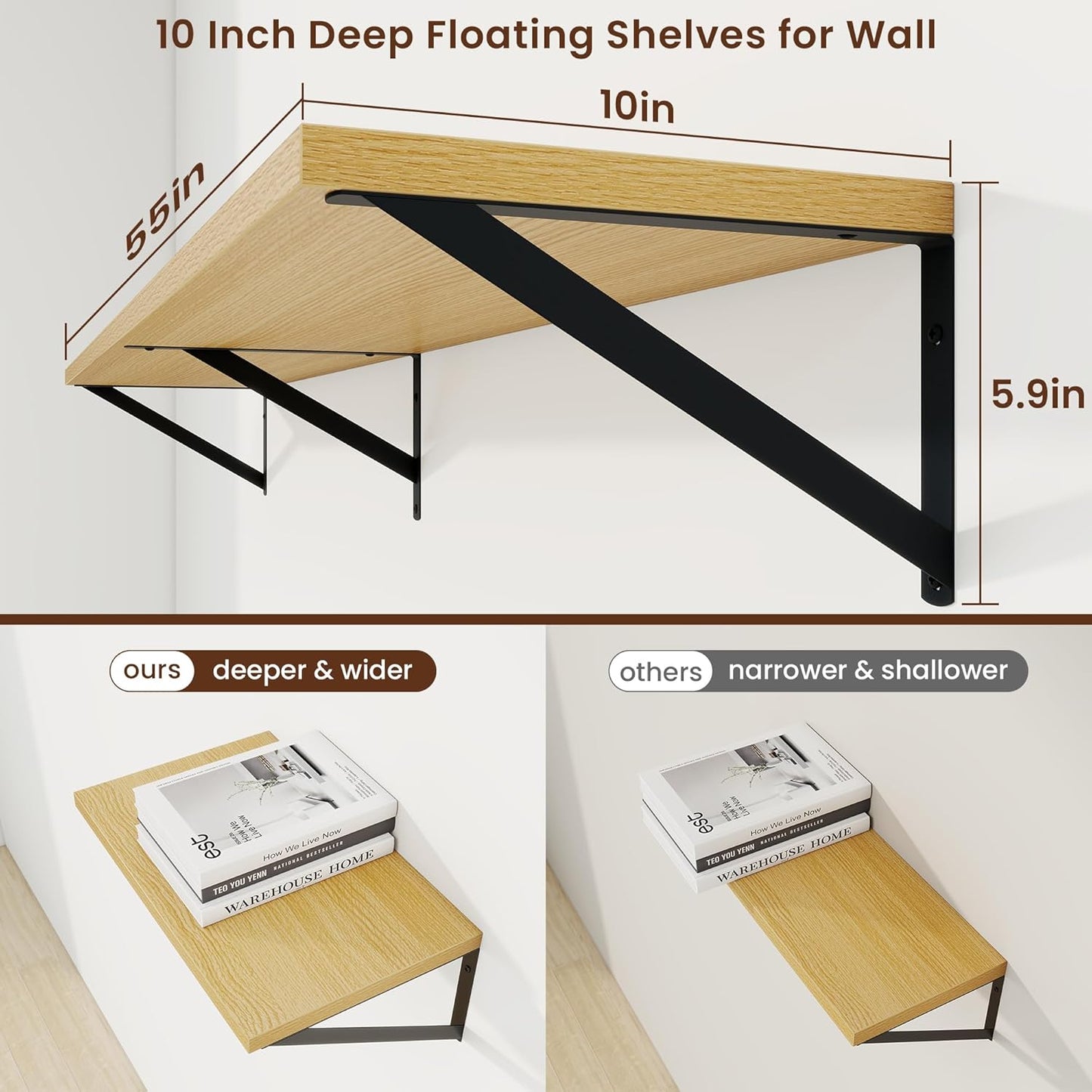 Axeman Deep Floating Shelves for Wall - 55 Inch Wide x 10 Inch Deep Oak Floating Shelves Set of 2 - Wide Wall Shelves for Living Room Bathroom Bedroom