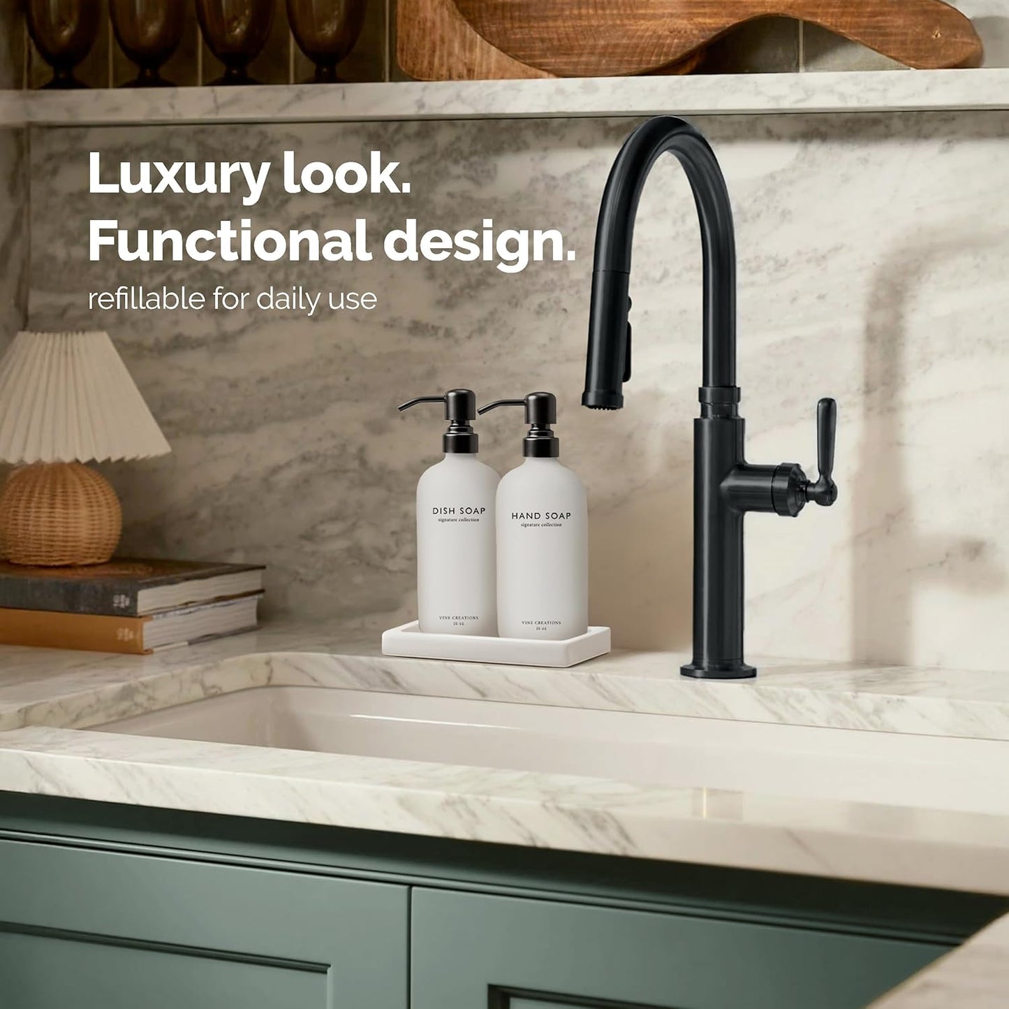 Vine Creations Glass Soap Dispenser Set, Kitchen Soap Dispenser Set with Ceramic Tray, 16 oz Dish Soap and Hand Soap Dispenser Set with Stainless Steel Pump Decor (White Bottle/Matte Black)