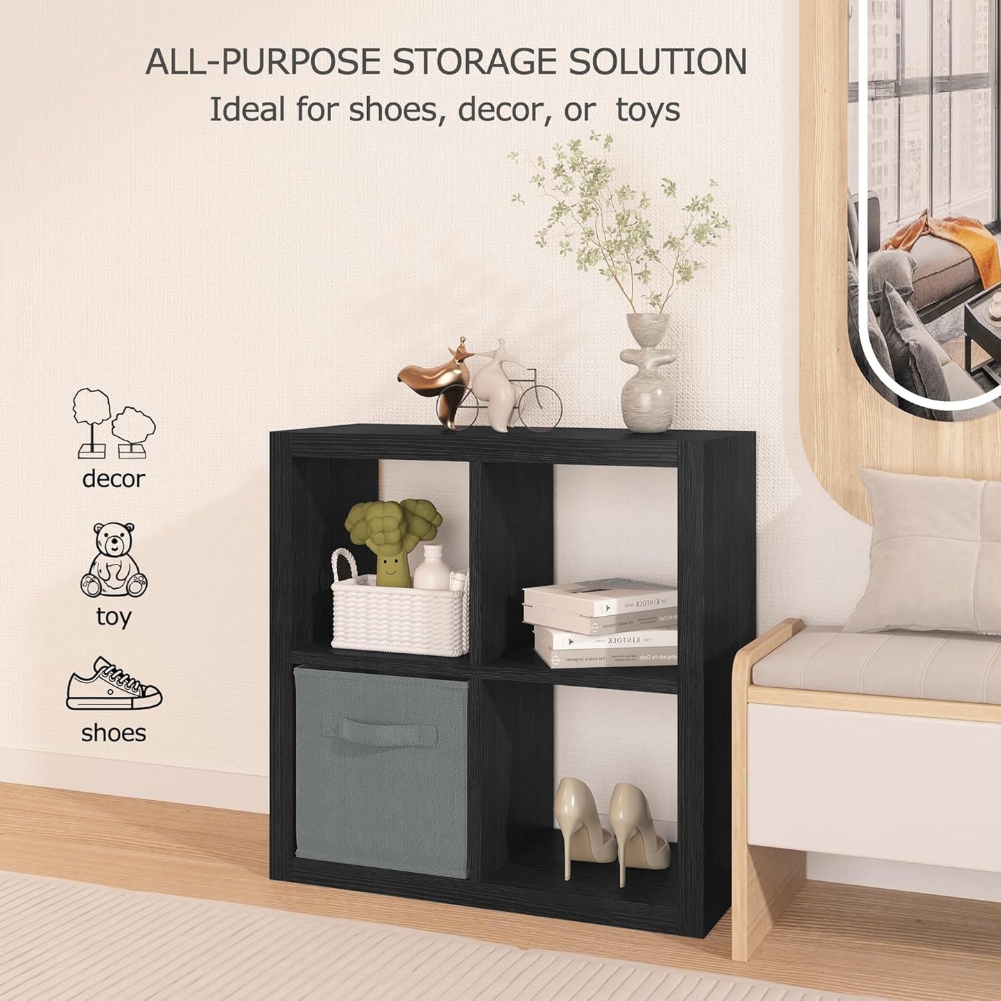 4 Cube Organizer, Cube Storage Organizer with Fabric Bin, Cube Storage Shelf for Bedroom, Living Room, Office, Modular Bookshelf Organizer for Books, Closet, Black