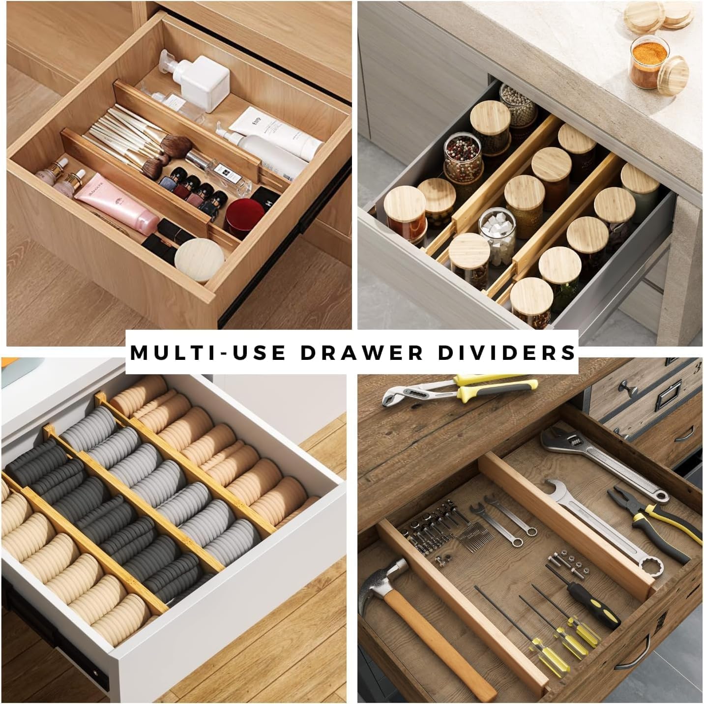 Expandable Bamboo Drawer Dividers 8 pack with labels(17"-22") Drawer Organizer for Kitchen, Clothes,Utensils,Silverware,Dresser,Office,Desk