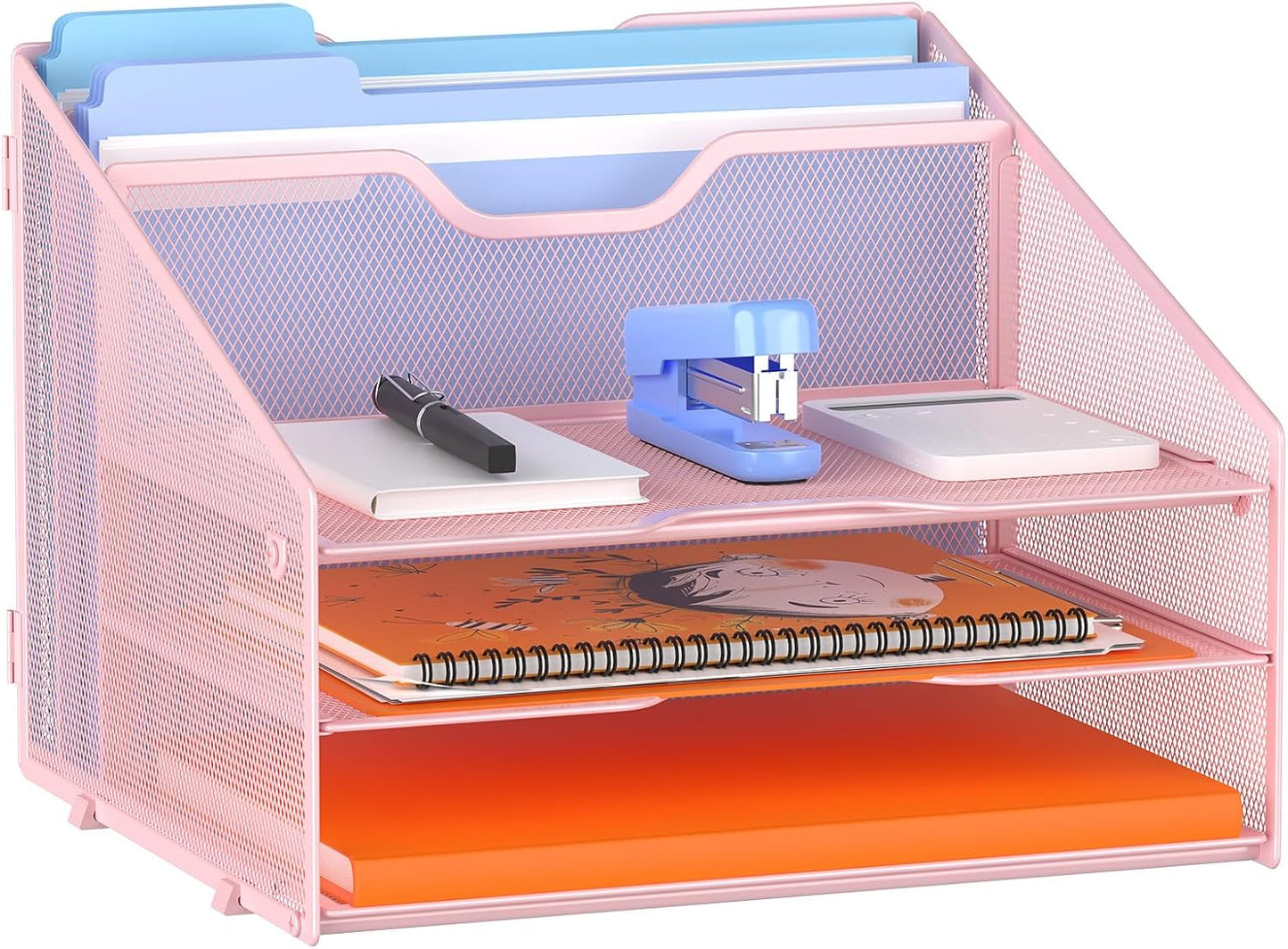 Letter Tray Organizer, Mesh Desk File Organizer with 3 Paper Trays and 2 Vertical Upright Section (Pink)