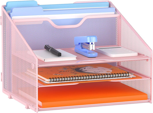 Letter Tray Organizer, Mesh Desk File Organizer with 3 Paper Trays and 2 Vertical Upright Section (Pink)