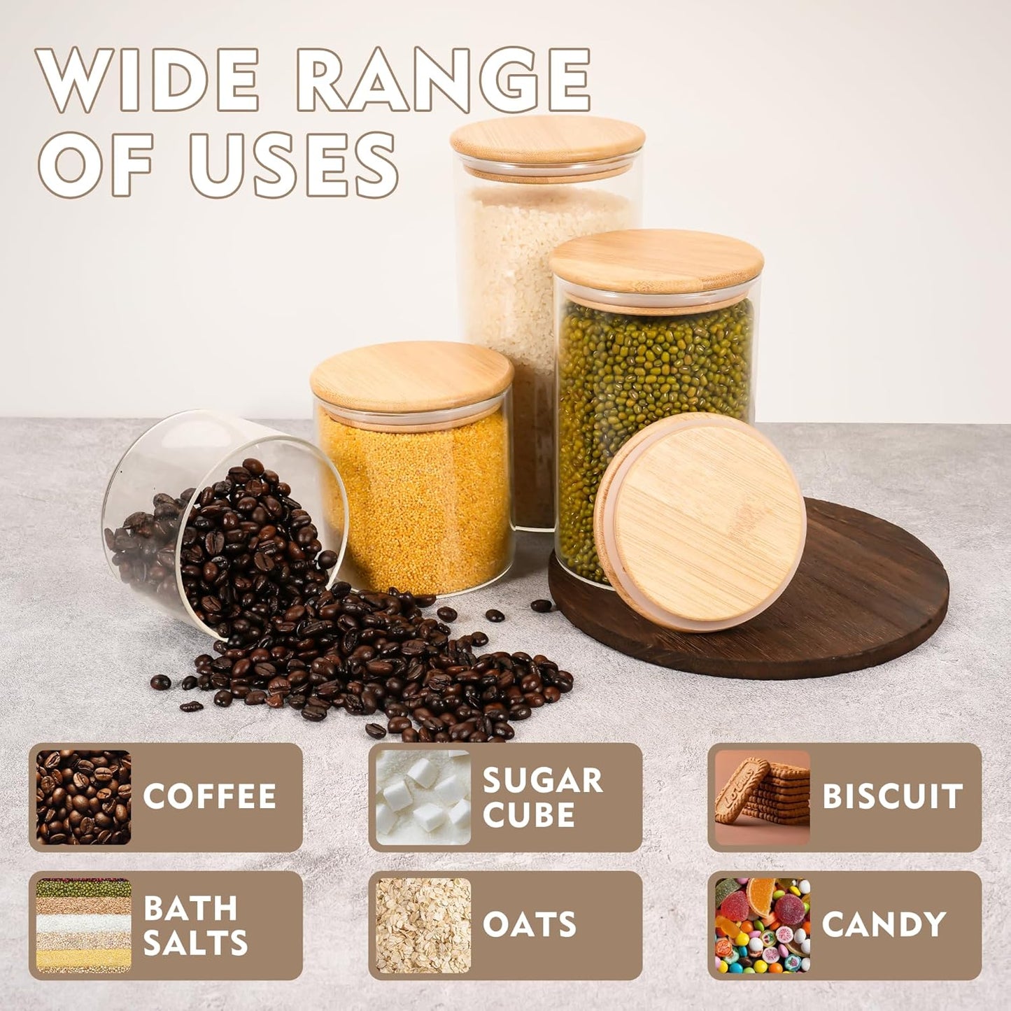 2PCS Glass Storage Jars with Airtight Lids,44 fl oz (1300ml) Cute Clear Storage container with bamboo Lid,Glass Pantry Canister for Beans, Rice,Sugar,Cookie Coffee (N-Clear-2PCS-44FL OZ/1300ML)
