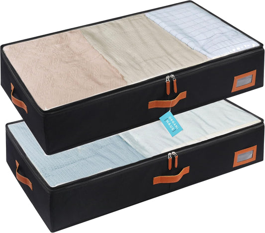 OrganiHaus Under Bed Storage Containers, Bedroom Storage and Organization Bins, Clothes Organizer for Closet with Clear Cover and Reinforced Handles - Set of 2 33x17x6 inches Black