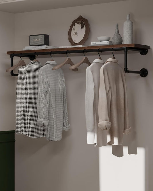 Clothes Rack 48in, Wall Mounted Garment Racks with Real Walnut Wood Shelf, Heavy Duty Hanging Clothes Rack, Multi-Purpose Hanging Rod, Space-Saving Closet Storage
