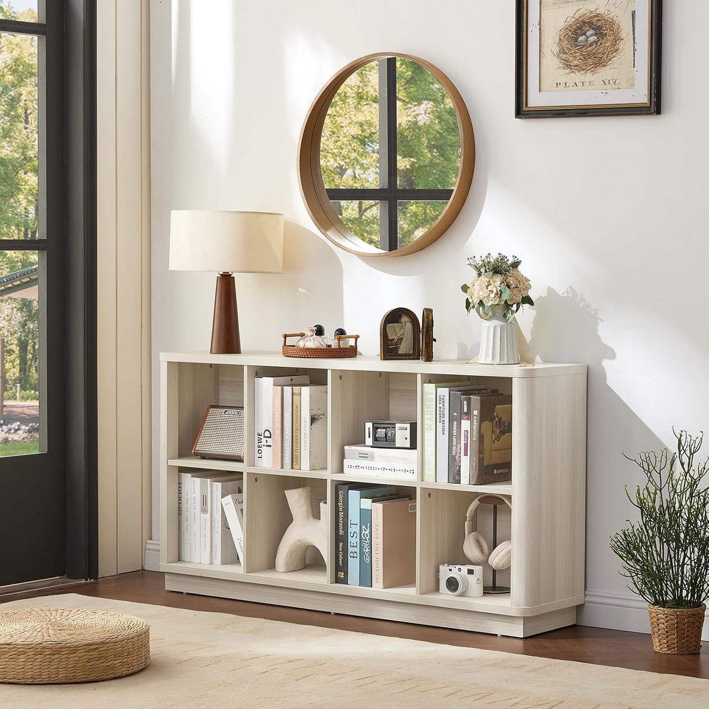 8 Cube Storage Bookcase, 52" Long Horizontal Book Shelf w/Curved Edge, Wooden Floor Standing 2-Tier Cubby Console Bookshelf with Base, Modern Low TV Stand for Living Room, White Cream Oak