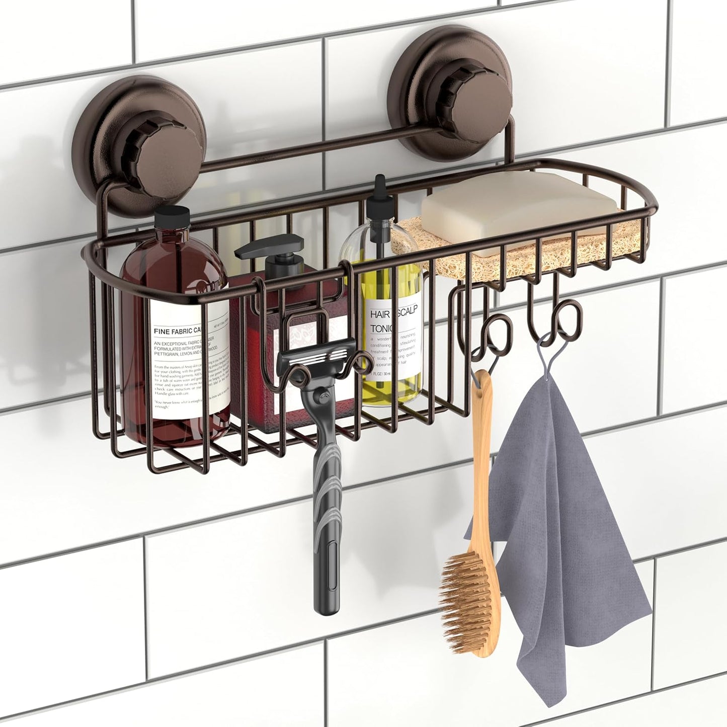 HASKO 2 Pack Shower Caddy Suction Cup with Hooks & Soap holder, Includes 2 Soap Savers, Shower Shelf, Bathroom Storage Organizer, Rustproof Shampoo Holder, Bronze