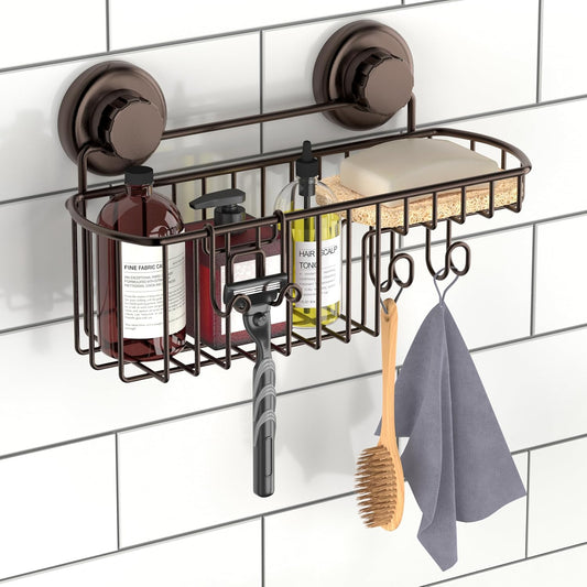 HASKO Shower Caddy Suction Cup with Hooks & Soap holder, Shower Shelf, Bathroom Storage Organizer, Rustproof Shampoo Holder, Bronze