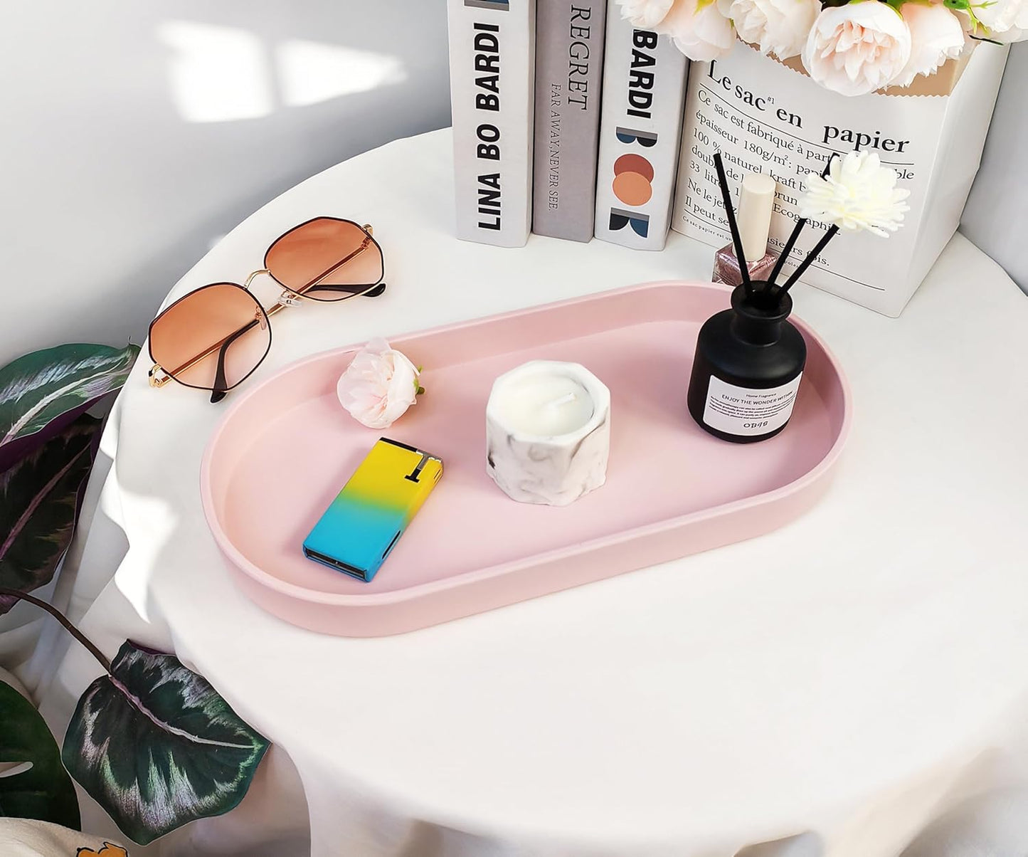 Pink Small Tray (11.8 inch), Oval Tray for Kitchen Counter, Bathtub Bathroom Vanity Items, Countertop Organizer, Coffee Accessory, Bar, Serving Seasoning, Salt and Pepper, Soap, Perfume.