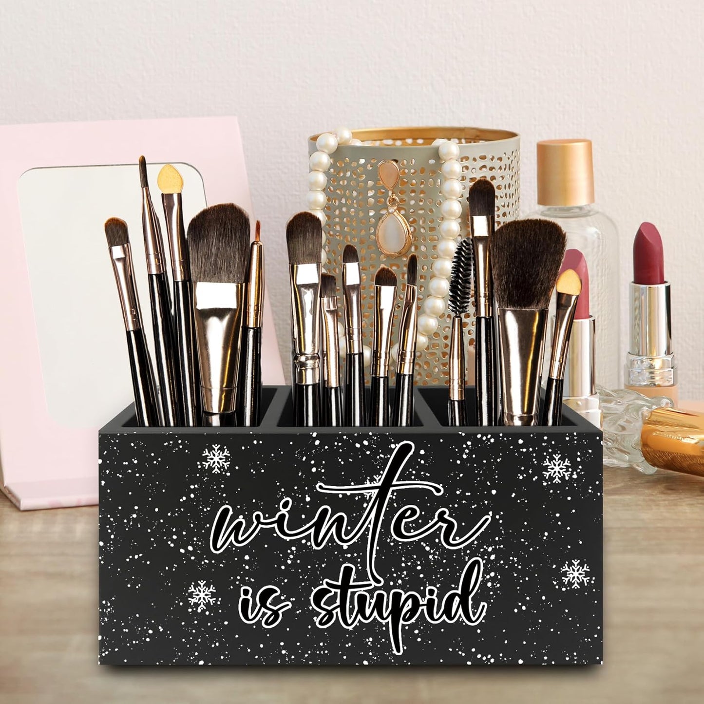 Funny Black Christmas Pen Pencil Holder Organizer for Desk, Winter Is Stupid Winter Snowy Xmas Snowflake Wooden Box Signs Decorations for Home Office Desk Tabletop