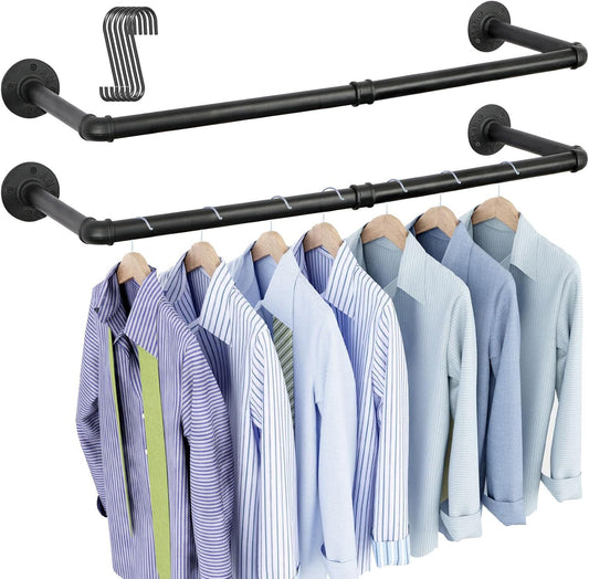 OROPY Industrial Pipe Clothes Rack Wall Mounted Set of 2, 38.4 inches Heavy Duty Iron Pipe Clothing Garment Rail, Multi-Purpose Clothing Hanging Rod for Laundry Room and Closet Storage