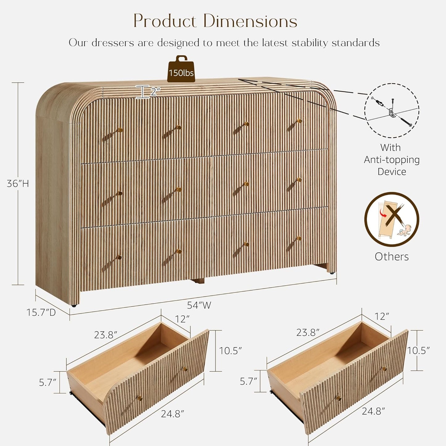 T4TREAM Fluted 6 Drawers Dresser for Bedroom, 54" Wide Modern Chest of Drawers with Thickened Curved Profile Design, Wood Dressers TV Stand for Bedroom, Living Room, Hallway, Natural Oak