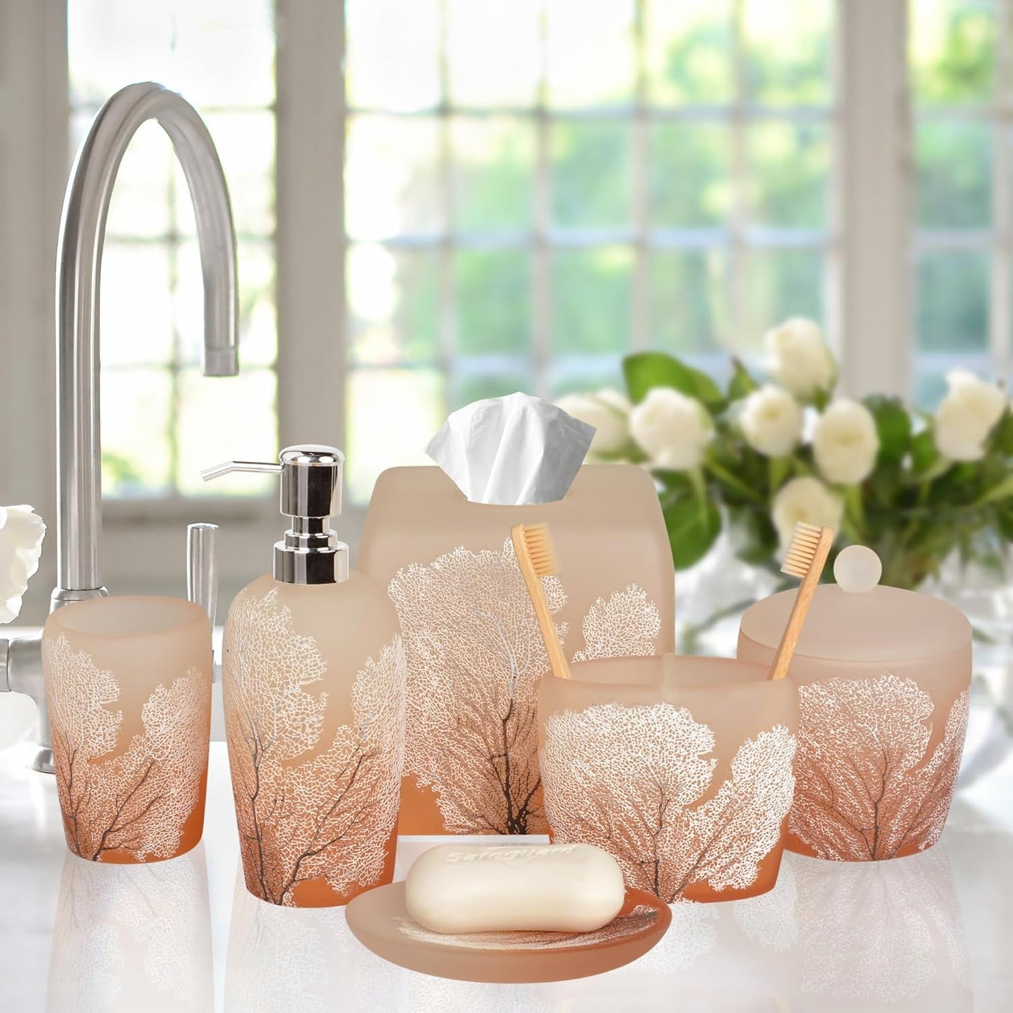 6-Piece Bathroom Accessories Set – Soap Dispenser, Toothbrush Holder, Tumbler, Soap Dish, Cotton Swab Jar & Toilet Brush – Modern Bathroom Decor Set (Carruthers)