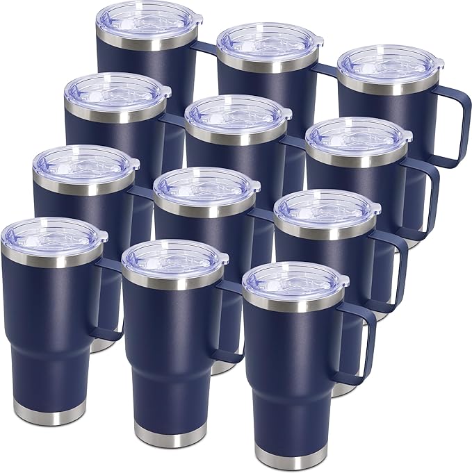 20 oz Tumbler with Handle and Lid, Stainless Steel Tumbler Insulated Travel Coffee Mug, Spill Proof Double Wall Vacuum Tumbler Cup Keep Drink Hot & Cold, Navy,12 Pack