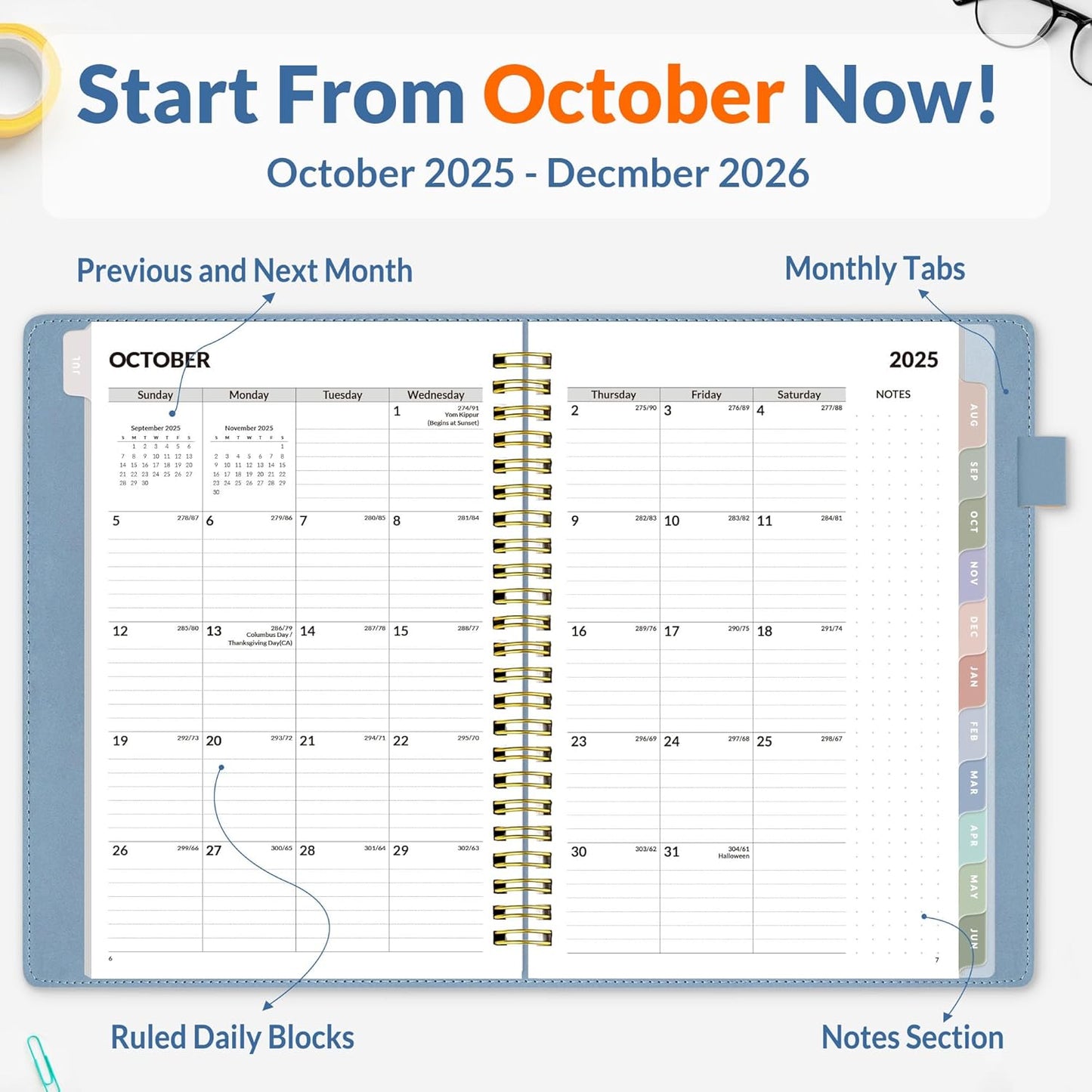 SUNEE 2026 Weekly & Monthly Planner 6.4"x8.5"- 12 Month (January 2026 - December 2026), Vegan Leather Cover, Pocket, Bookmark, Notes, Monthly Tab, Gray Blue