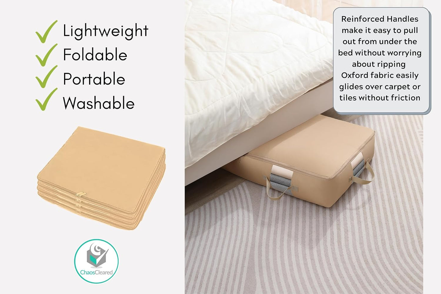 Under Bed Storage Containers for Toys, Clothes, Shoes etc. Underbed Organizer Bag that slides Under the bed without friction or wheels. Low profile 6" height is great for under the couch or other