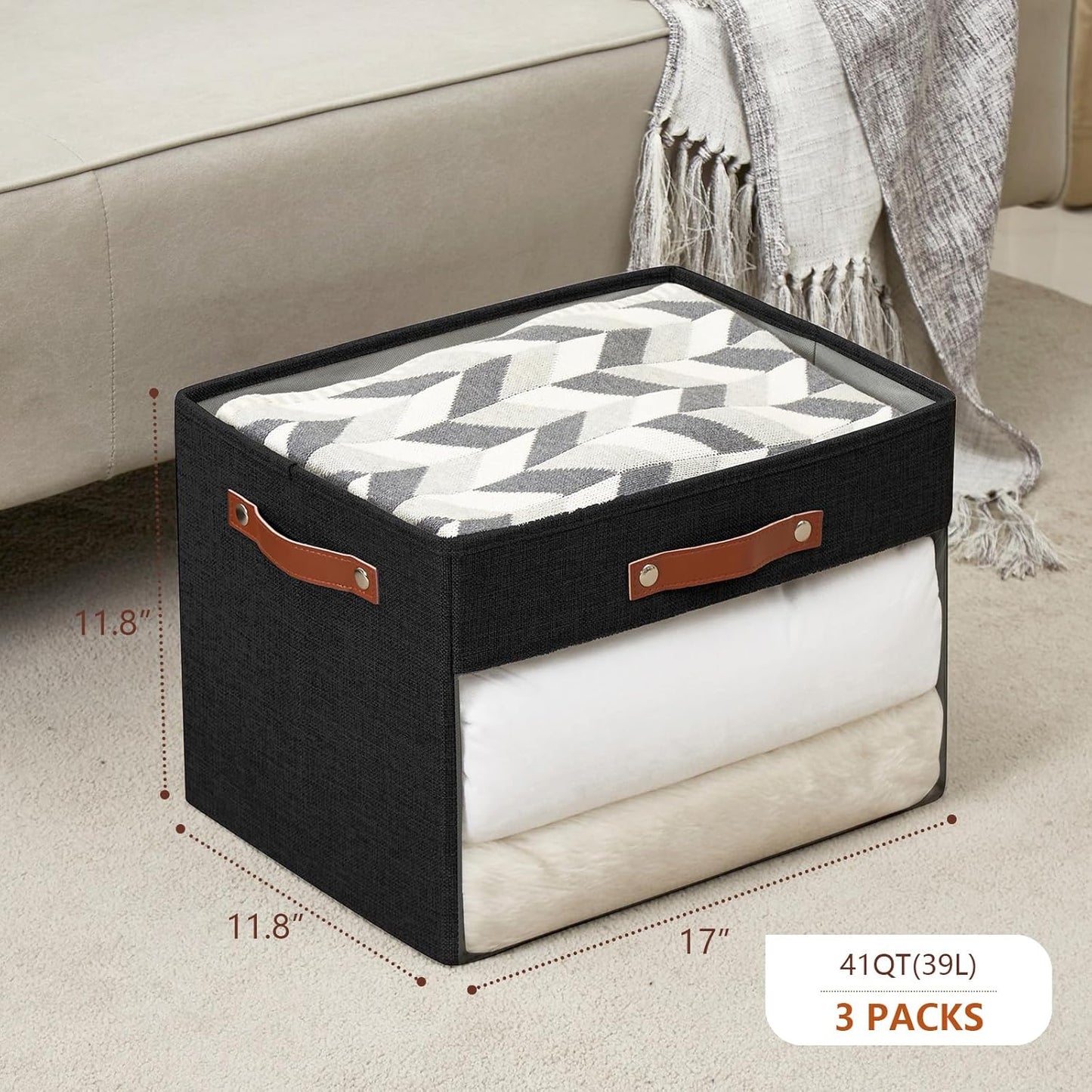 Extra Large Storage Baskets with Clear Window, See Through Closet Organizer with PU Handles, Linen Foldable Storage Bins for Organizing Clothes, Toys, Books (Black)