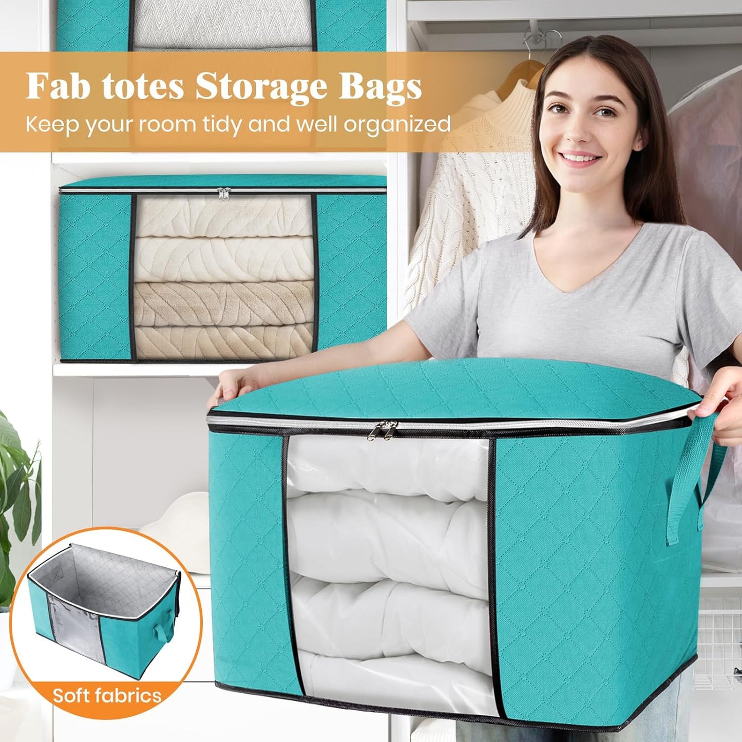 Fab totes 24 Gallons Clothes Storage, Foldable Thick Fabric Blanket Storage Bags, Containers for Organizing Bedroom, Closet, Clothing, Comforter, Organization with Handle (6 Pack,Green)