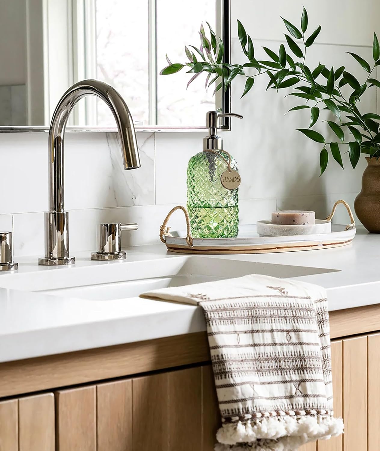 JASAI 18Oz Tea Green Soap Dispenser with Rust Proof Pump, Refillable Glass Soap Dispenser for Bathroom & Kitchen to Dispense Dish Soap, Hand soap, Lotion.