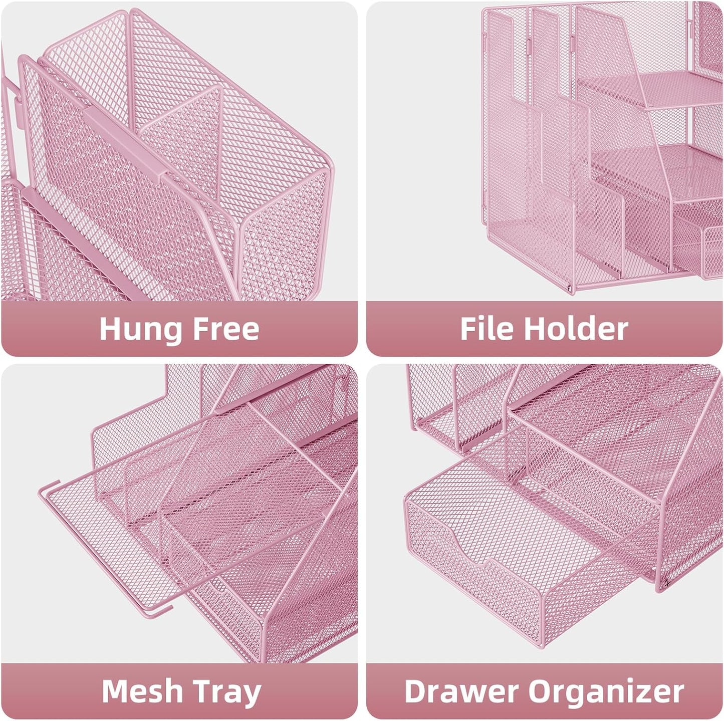 Marbrasse Desk Organizer and Accessories, 3-Tier File Organizer with Drawer and Pen Holder, Small Desktop Organizer and Storage for Workspace Office Supplies Pink